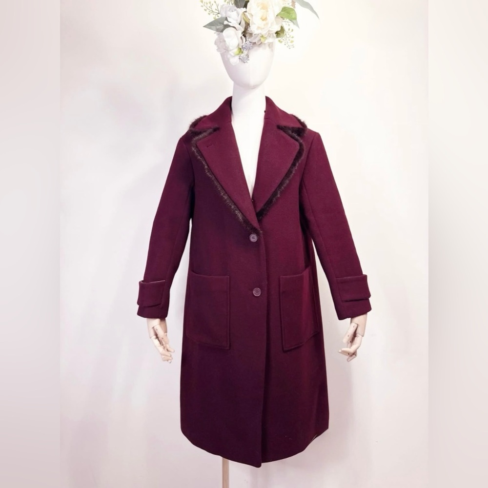 Korean Wool Coat – Burgundy with Colas Trim + Mink Details